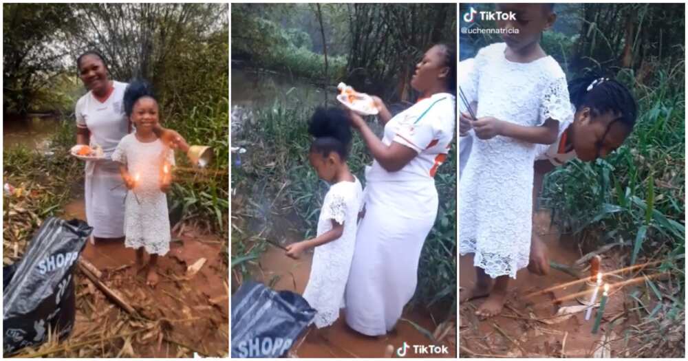 Nigerian lady, water child, 5th birthday, river, lady takes child to river on her birthday