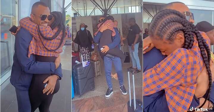 Lady welcomes lover at airport, jumps on him