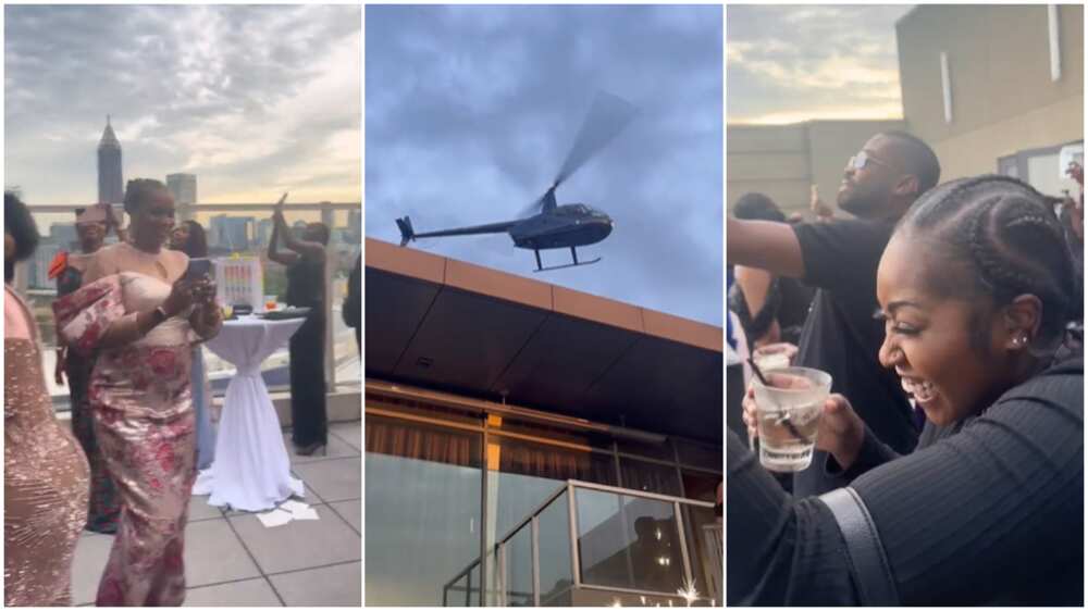 Birthday party/woman arrived in helicopter. Birthday party/woman arrived in helicopter.