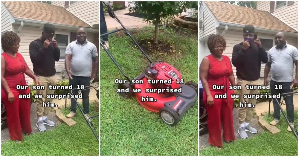 Photos of parents presenting a mowing machine to their son as 18th birthday gift.