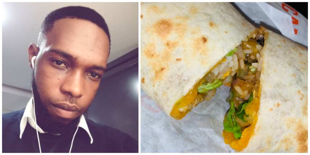 Rice inside shawarma? Nigerians react to strange looking shawarma an online vendor delivered a guy