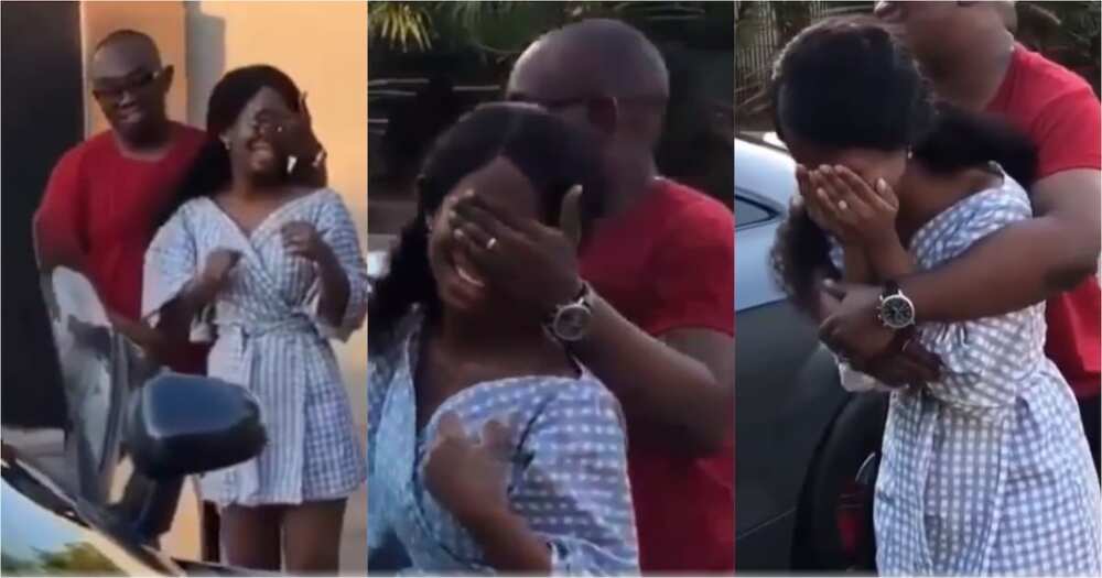 Money swine: Pretty lady cries uncontrollably as her man presents her with luxurious car gift (Video)