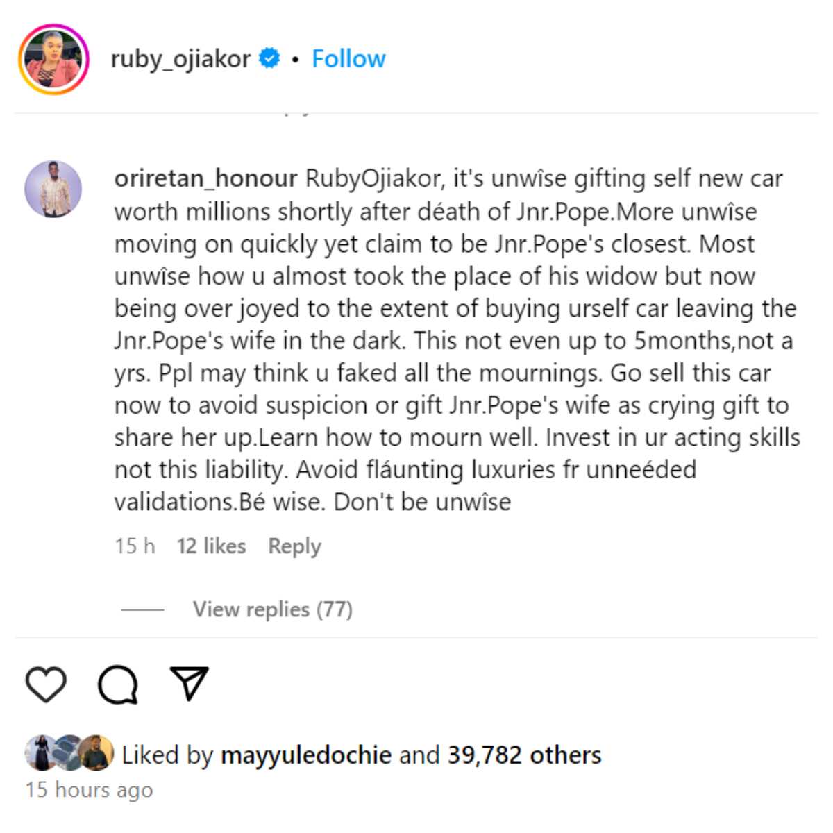 You will be shocked at what a man said about Ruby Ojiakor's new car and Junior Pope's wife