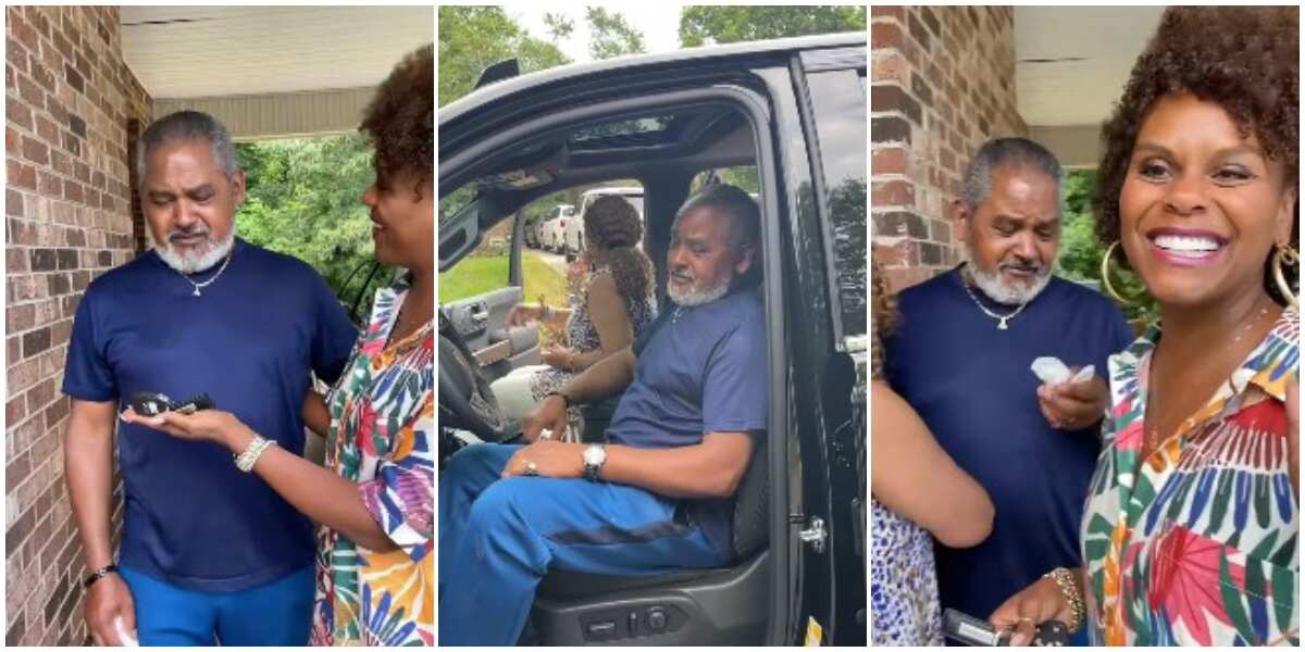Sweet moment man weeps uncontrollably as his daughter stuns him with a car gift after 48 years of service