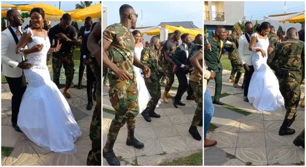 Photos of bride and groom dancing in the midst of men in army uniform.