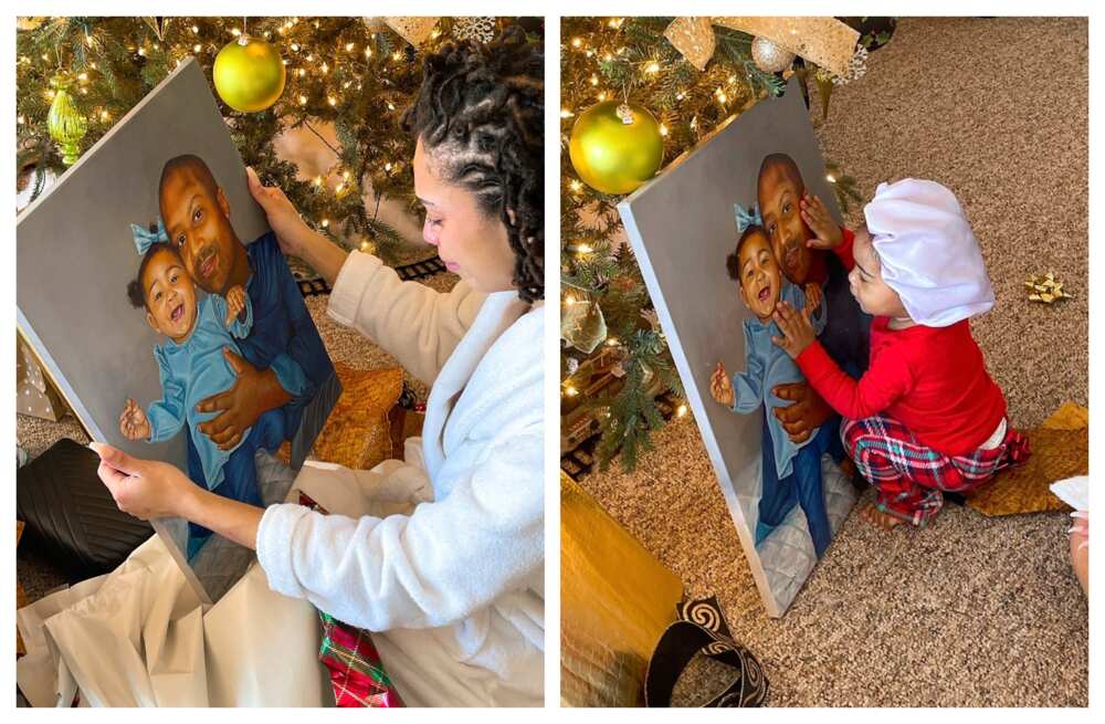 Woman emotional after husband gifted her painting of her deceased dad and their daughter