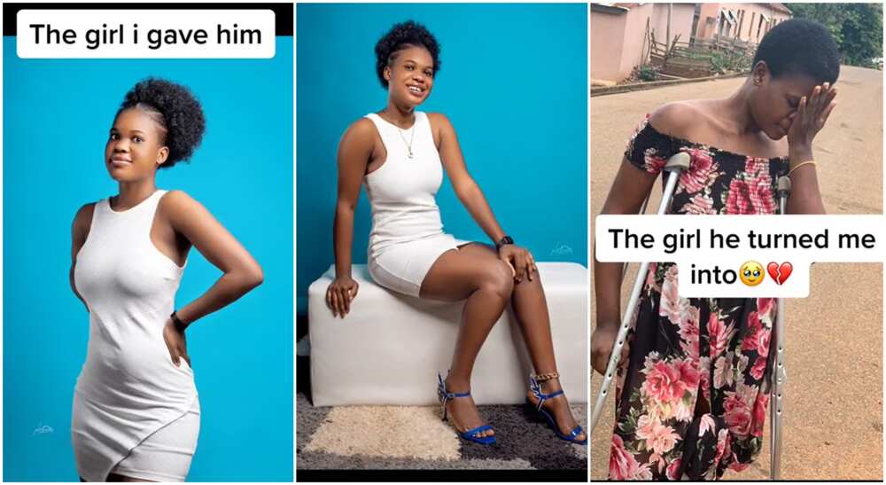 Photos of a young lady in crutches.