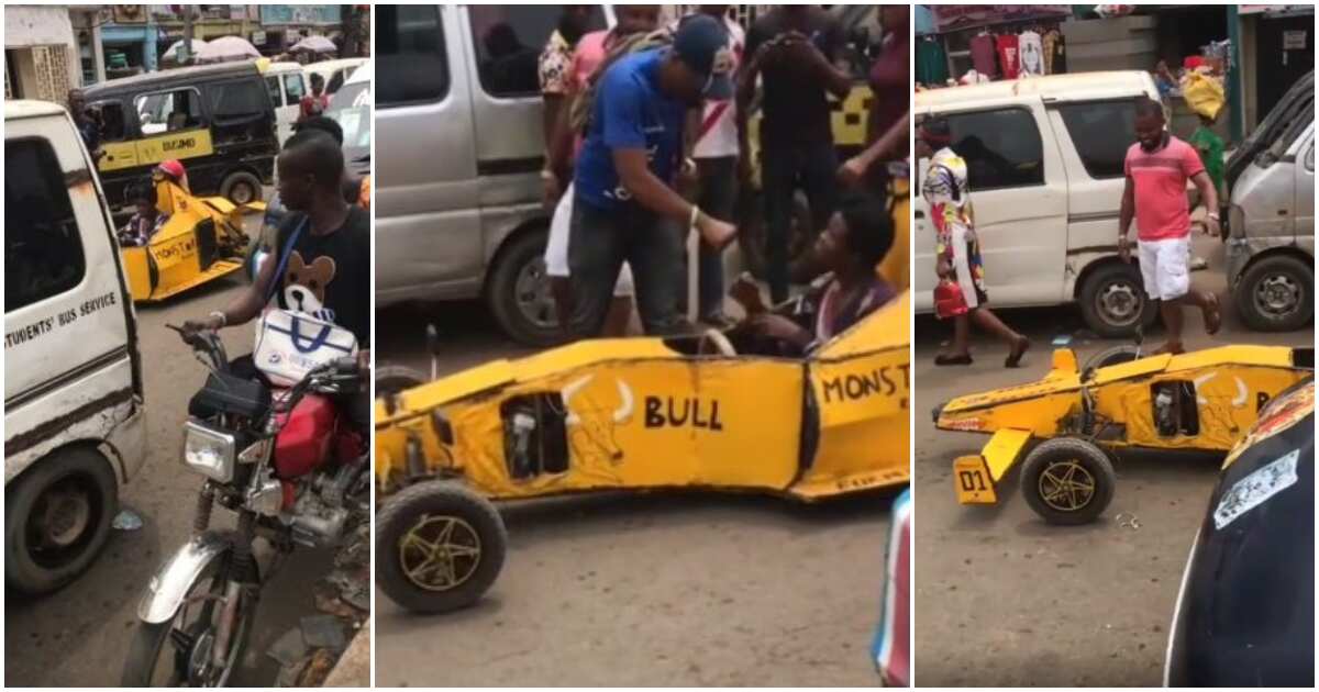 Young Nigerian boy drives sports car he built himself on road, wows many as people give him cash, clip emerges
