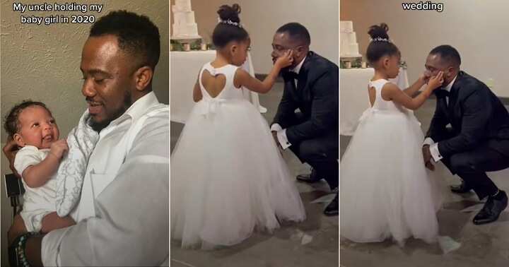Little girl wipes uncle's tears at wedding