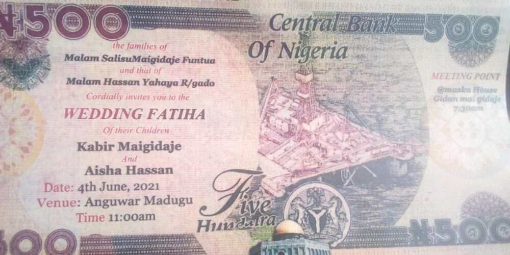 It's IV and transport fare: Massive reactions as wedding invitation designed like N500 note goes viral