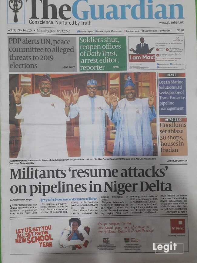 Newspaper headlines for Monday, January 7