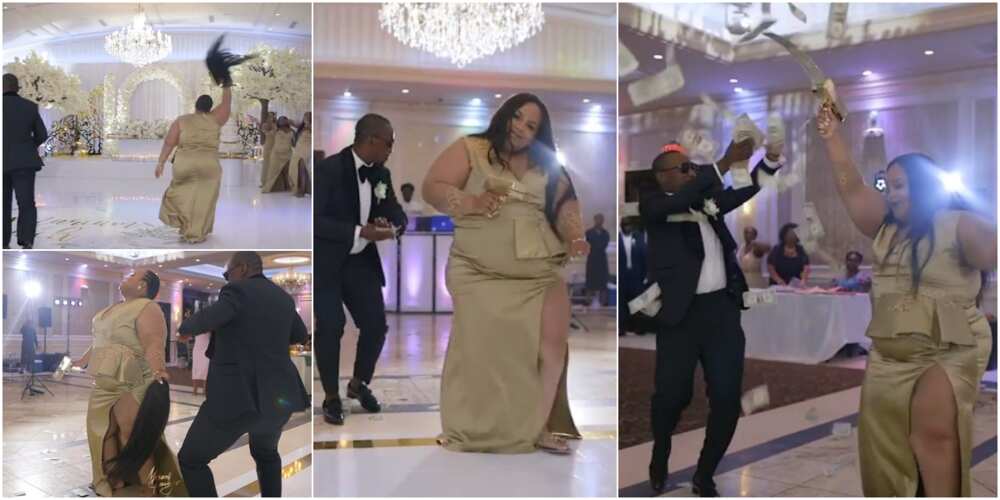 Lady causes stir at wedding, 'scatters' dance floor with cool moves as she removes her wig, shoots dollars in video
