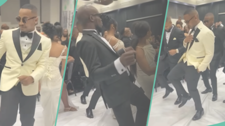Couple, groomsmen, and bridesmaids wear cute attire, deliver exciting dance performances at wedding