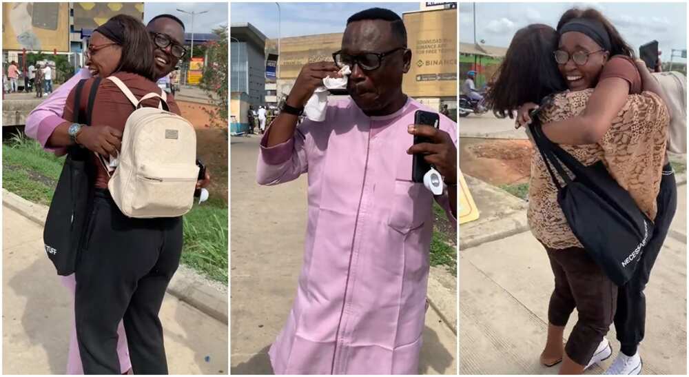 Photos of a man and wife welcoming daughter at airport.