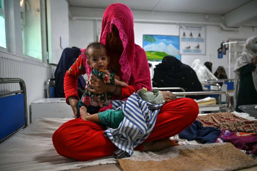 Breshna sits on a hospital bed with her four-month-old twins Subhania and Subhan in the malnutrition ward at a hospital run by Doctors Without Borders (MSF), in Lashkar Gah