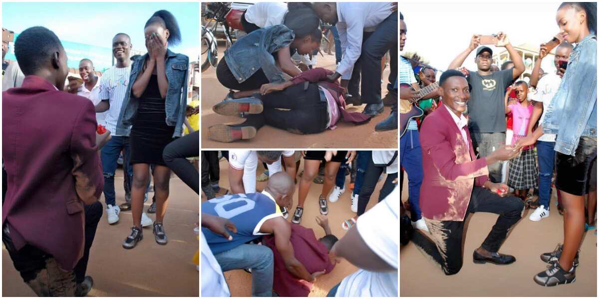 Man in suit rolls himself on the ground as he proposes to his girlfriend, photos spark reactions