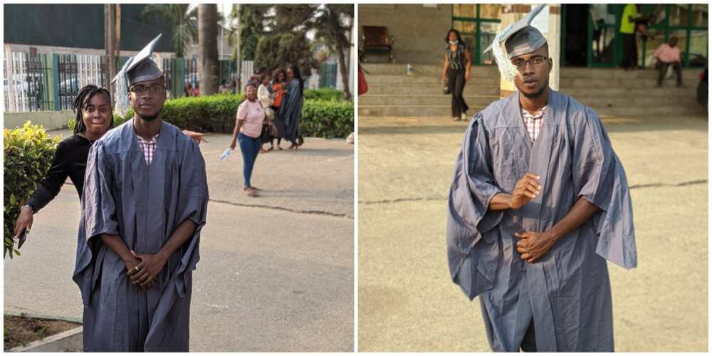 Man celebrates finishing university after many years, Nigerians drag him for wearing a rough gown to the event