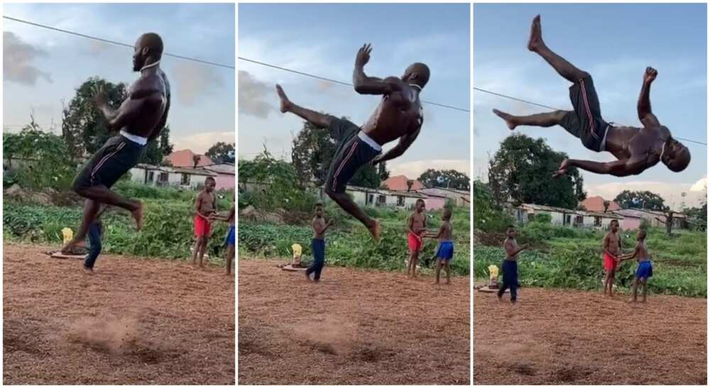 Photos of a black man perform acrobatic tumbles in the air.