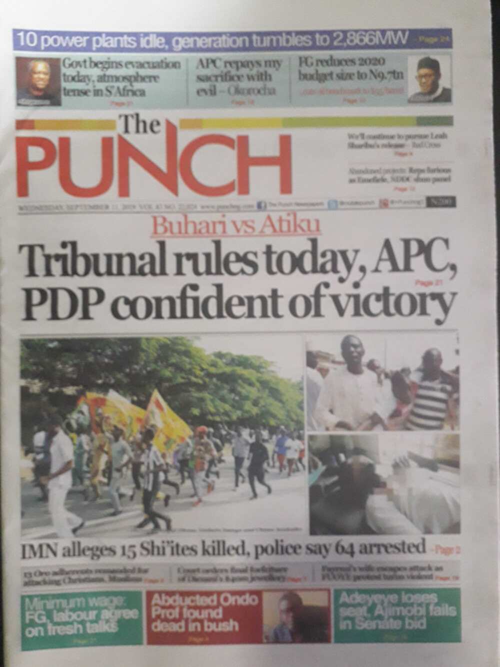 Nigerian newspaper review for Wednesday, September 11:Tribunal rules today on Atiku and Buhari's case