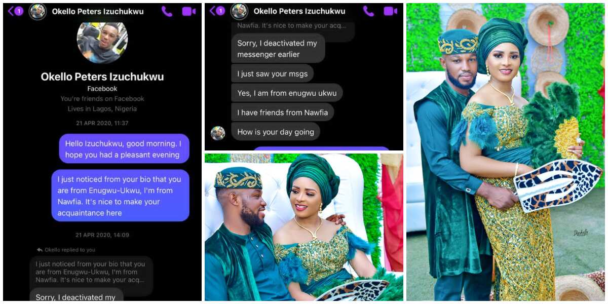 Nigerian couple who met on Facebook get married, screenshots of their first chat showed the lady DMed him