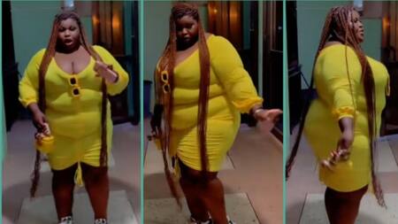 "She didn't create herself": Plus-sized lady flaunts body shape in yellow bodycon gown, video trends