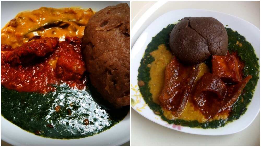 A collage of differently served plates of amala.