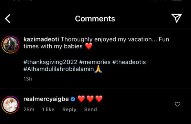 Mercy Aigbe reacts as Adekaz vacations with his children.
