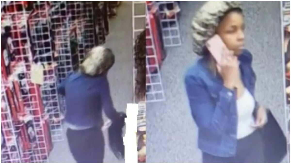 Slay queen caught on CCTV camera stealing two human hair wigs