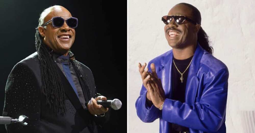 Stevie Wonder takes off glasses