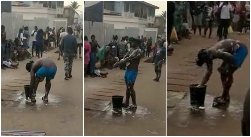 Photos of a man bathing in front of a commercial bank.