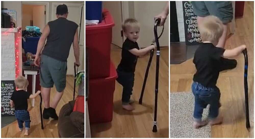 Photos of a boy walking like his grandfather.