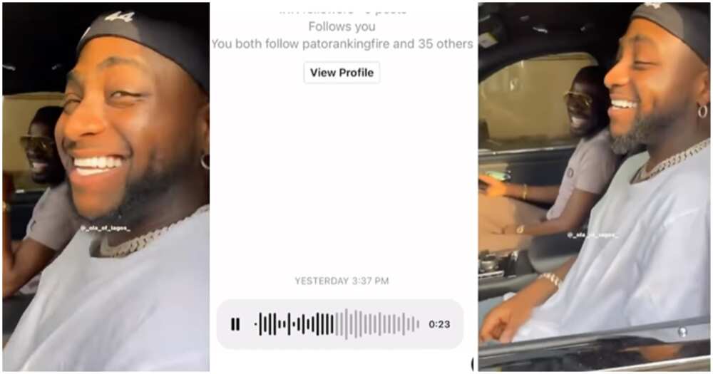 Photos of Davido smiling and viral lady's DM