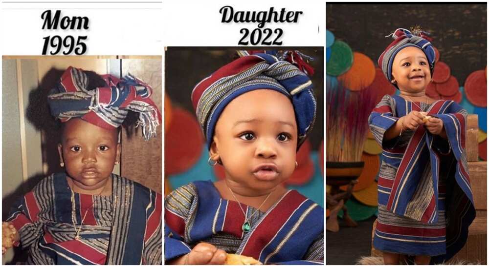 Black baby girl in Aso-oke dress, Tomike Adeoye's daughter.