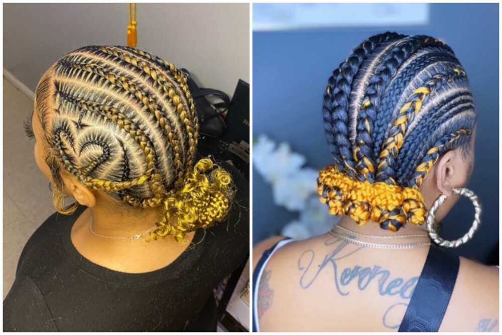 Golden stitch braids with a bun