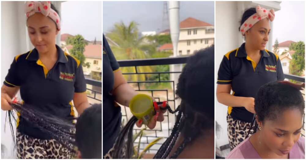 Rosy Meurer braids son's nanny's hair.