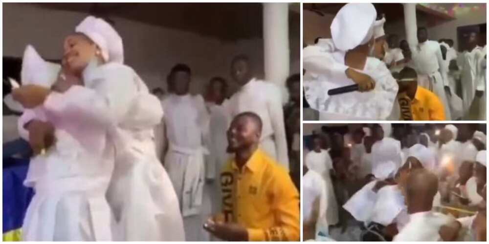 Lady attempts to flee as man proposes to her during church service, video stirs reactions