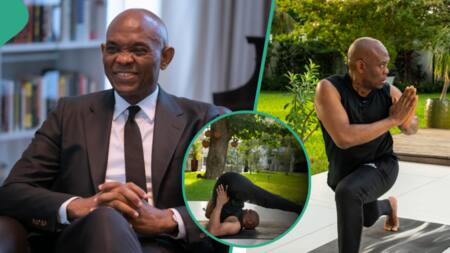 "Small small o": Tony Elumelu shares video from yoga session, his daring postures leave many worried