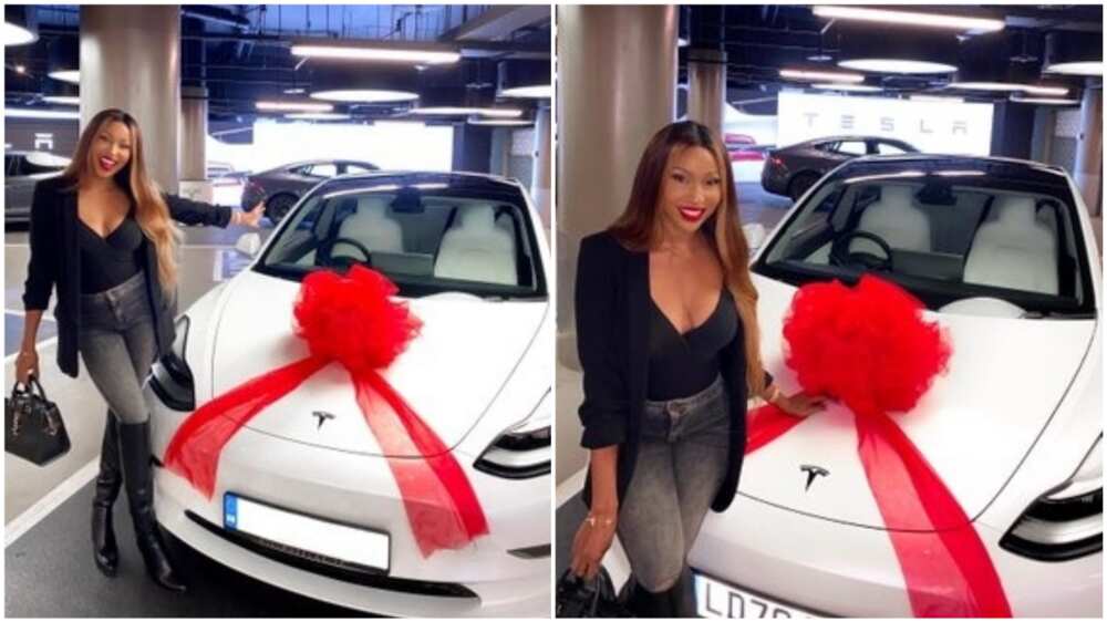 A collage showing the lady with her Tesla.
Photo source: Twitter/Toni Tone A collage showing the lady with her Tesla.
Photo source: Twitter/Toni Tone