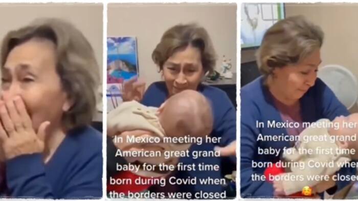 Separated by COVID-19: Sweet old lady sheds tears after meeting her great grandchild for the first time