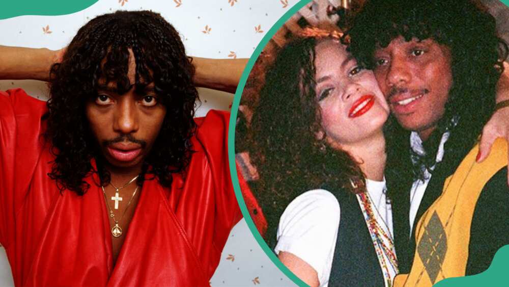 Rick James poses in a red shirt in 1987 (L). Tanya Hijazi and her ex-husband, Rick James hugging (R)