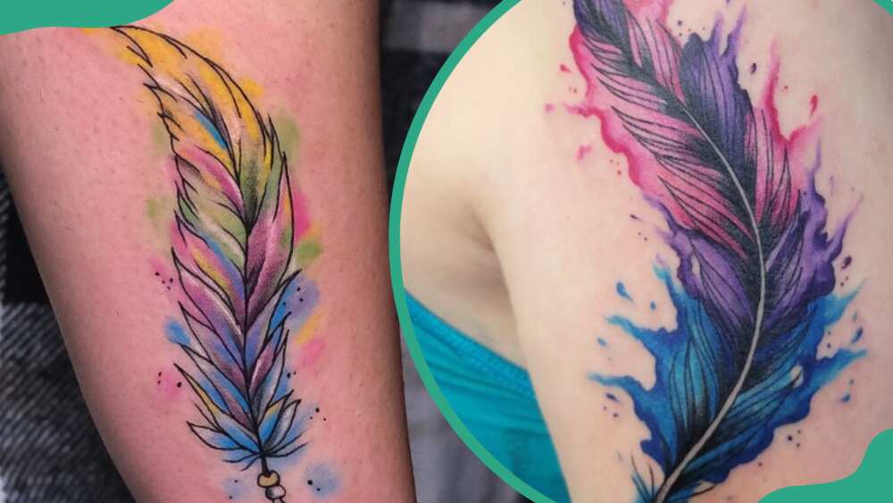 Watercolour feather tattoos