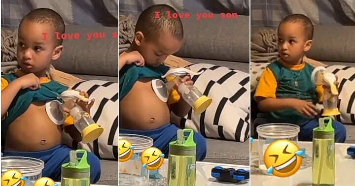 Little boy uses mum's breastmilk pump, funny video