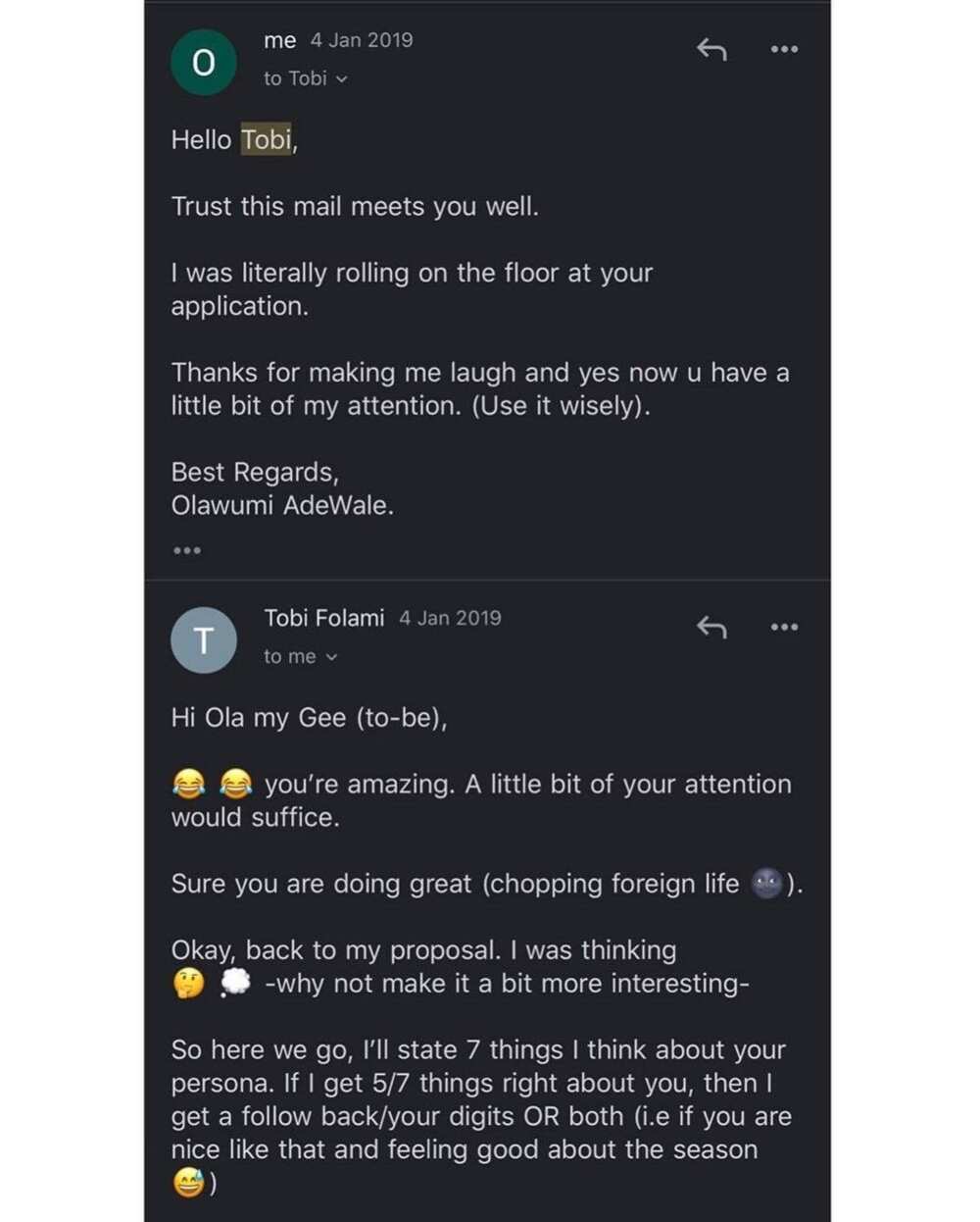 Her response to him and his follow up. Photo source: Linda Ikeji Her response to him and his follow up. Photo source: Linda Ikeji