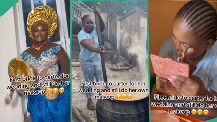 "Strong woman, not me sha": Nigerians react to video of bride cooking and doing her wedding makeup