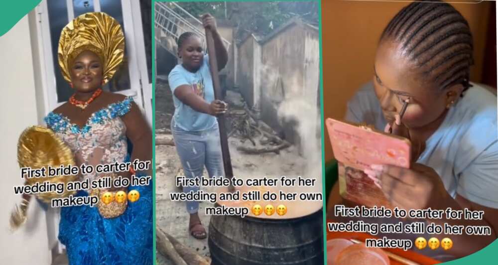 Mixed reactions as Nigerian bride cooked and did her own makeup on her wedding day