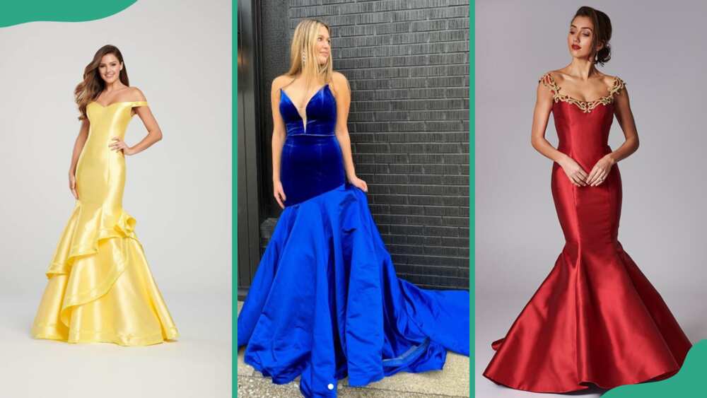 Yellow fit and flare ball gown (L), royal blue fit and flare ball gown (C), and wine red fit and flare ball gown (R)