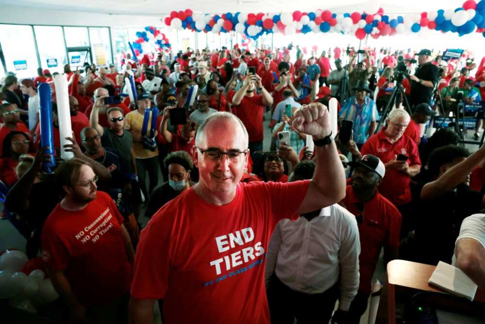 United Automobile Workers (UAW) President Shawn Fain speaks to UAW members and supporters in Warren, Michigan, on August 20, 2023