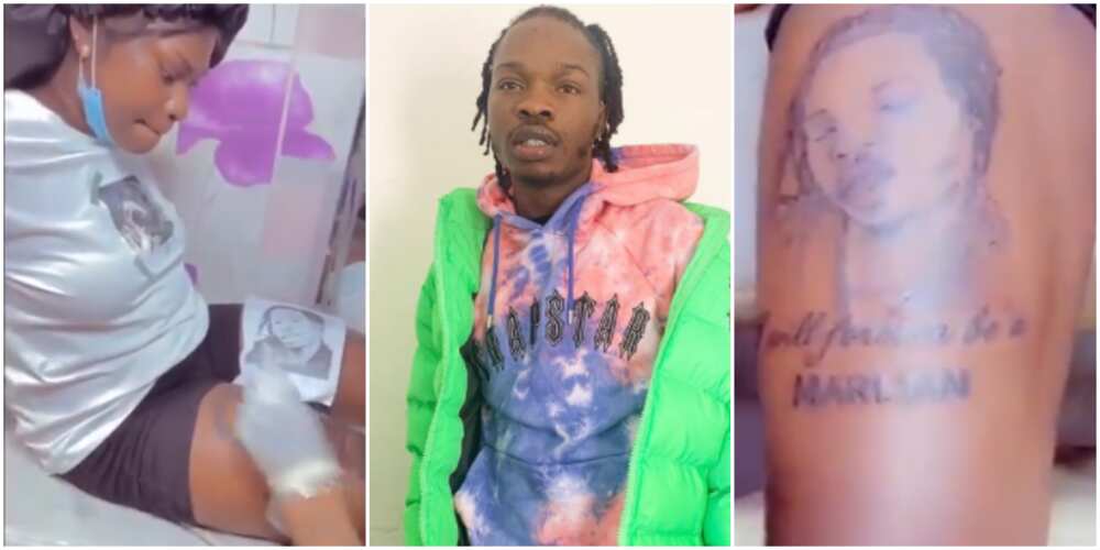 Another die-hard fan renders Naira Marley speechless yet again as she tattoos his face on her thigh