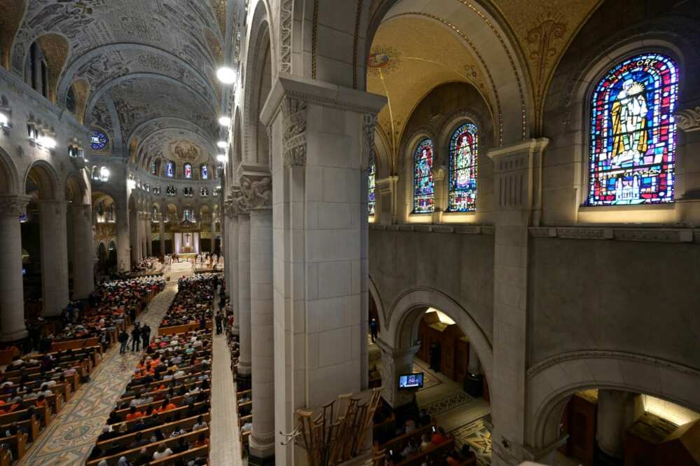 Pope Francis celebrates mass at the shrine of Sainte-Anne-de-Beaupre in Quebec, Canada