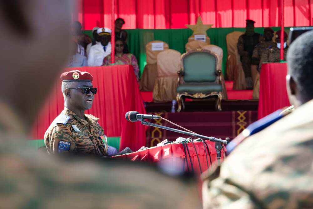Defence Minister Colonel Kassoum Coulibaly urges civilians to join the VDP in a speech to mark armed forces' day